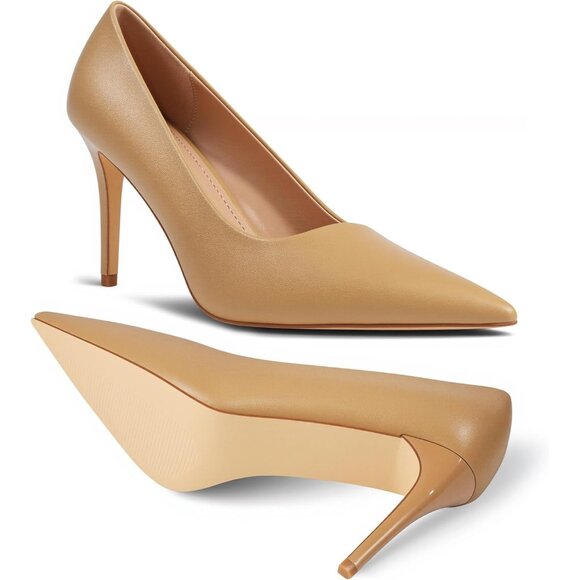 Women Beige Pointed Toe Slip-on Closed Toe 3 Inch Stiletto Pumps High Heels - Picture 6 of 7